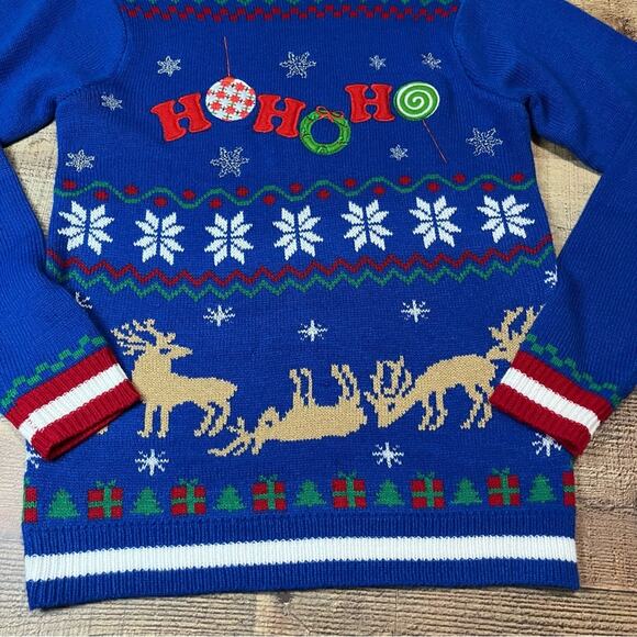Jolly Sweaters | Blue HOHOHO Holiday Drunk Reindeer Ugly Christmas Sweater Sz S - Picture 3 of 4